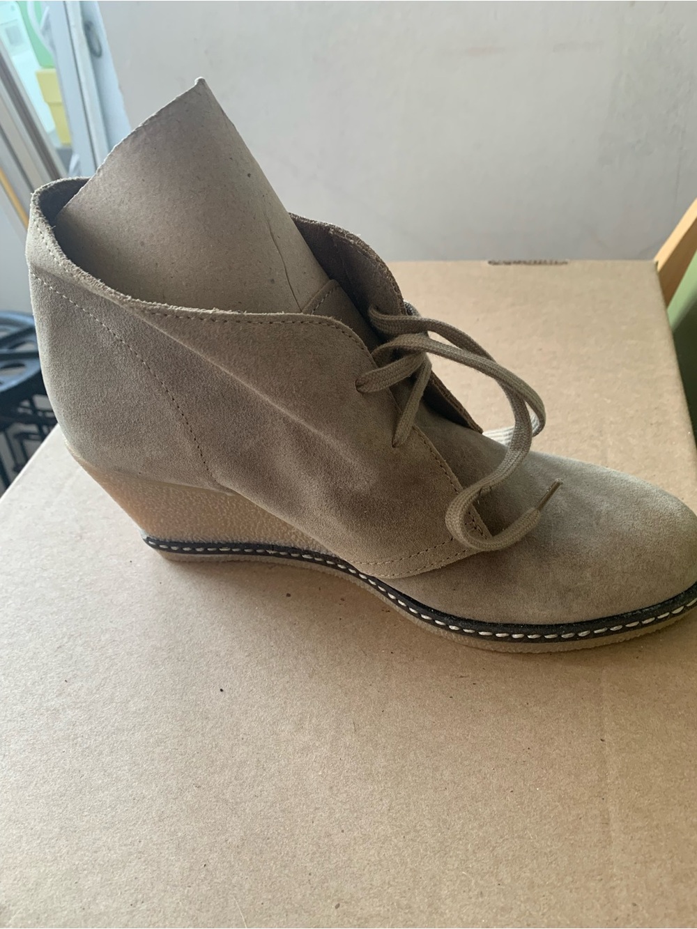 NEW J. Crew Taupe Suede Lace-Up Wedge Ankle Boots, size 7